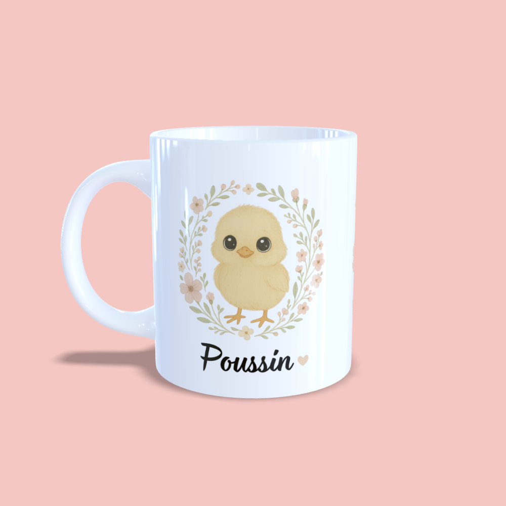 Mug poussin avec couronne de fleurs anse à gauche.