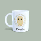 Mug poussin avec couronne de feuilles anse à gauche.