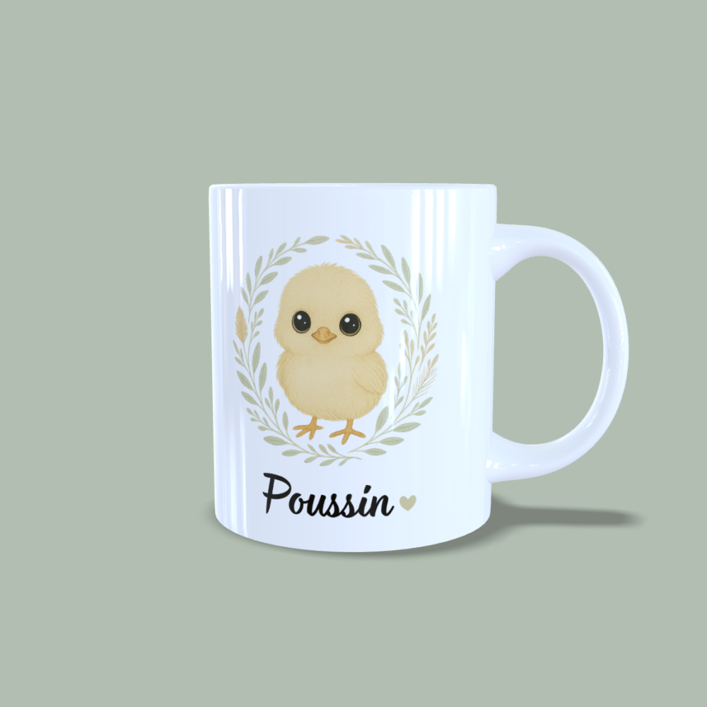 Mug poussin avec couronne de feuilles anse à droite.