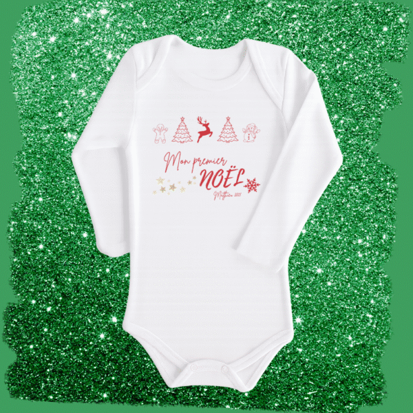 Body bébé blanc mon 1er noël, renne, flocons, sapin, bonhomme de neige, pain d'épices.