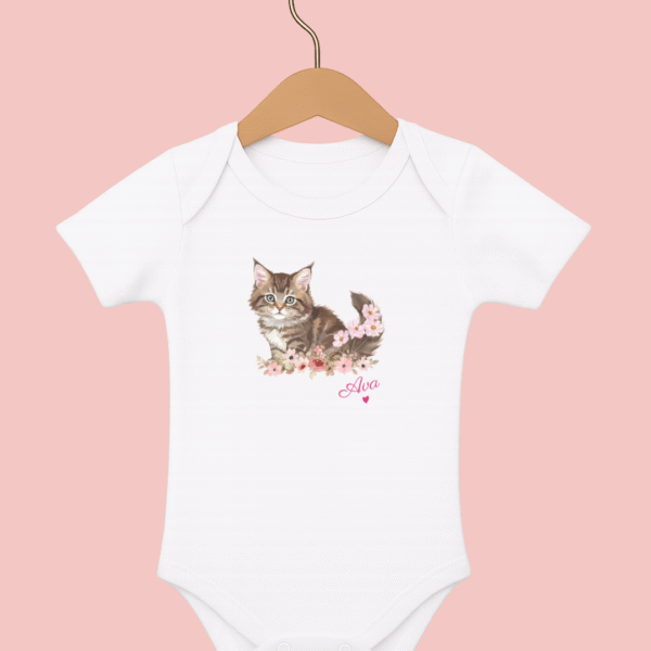 Body bébé blanc manches longues chaton dans les fleurs