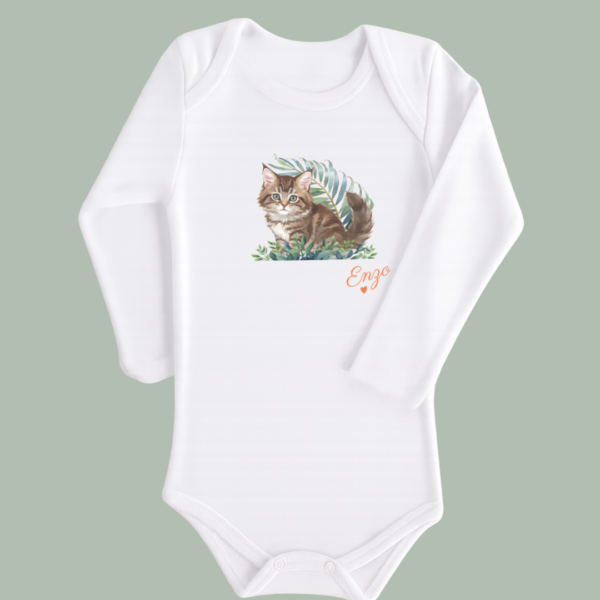 body-chaton-vert-long Body bébé blanc manches longues chaton dans les feuilles