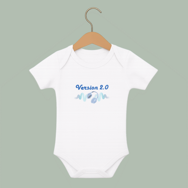 Body manches courtes bébé blanc inscription "version 2.0" casque et ondes musicales.