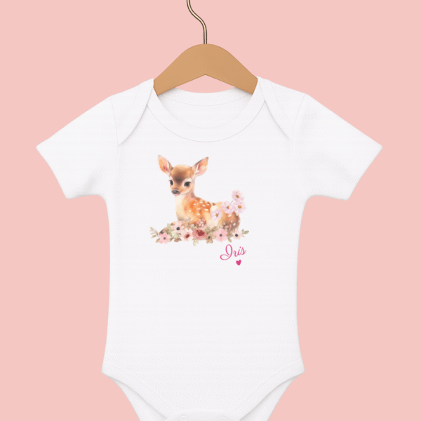 Body bébé blanc manches courtes faon dans les fleurs