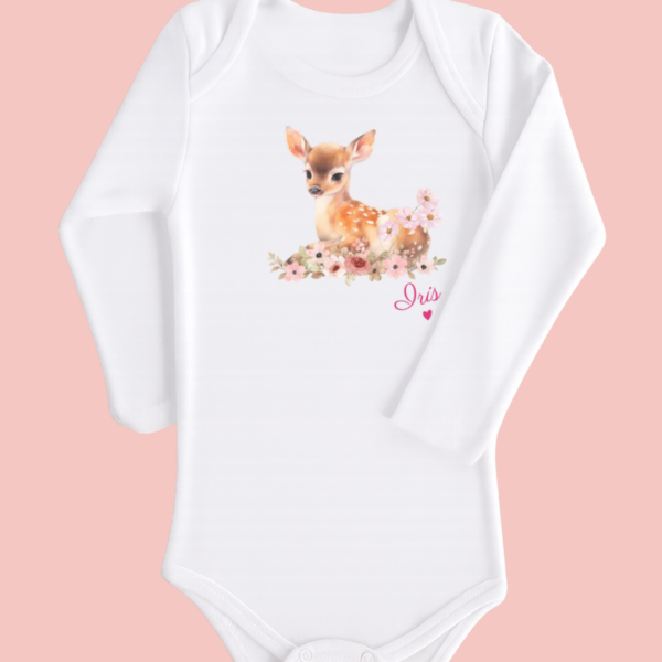 Body bébé blanc manches longues faon dans les fleurs