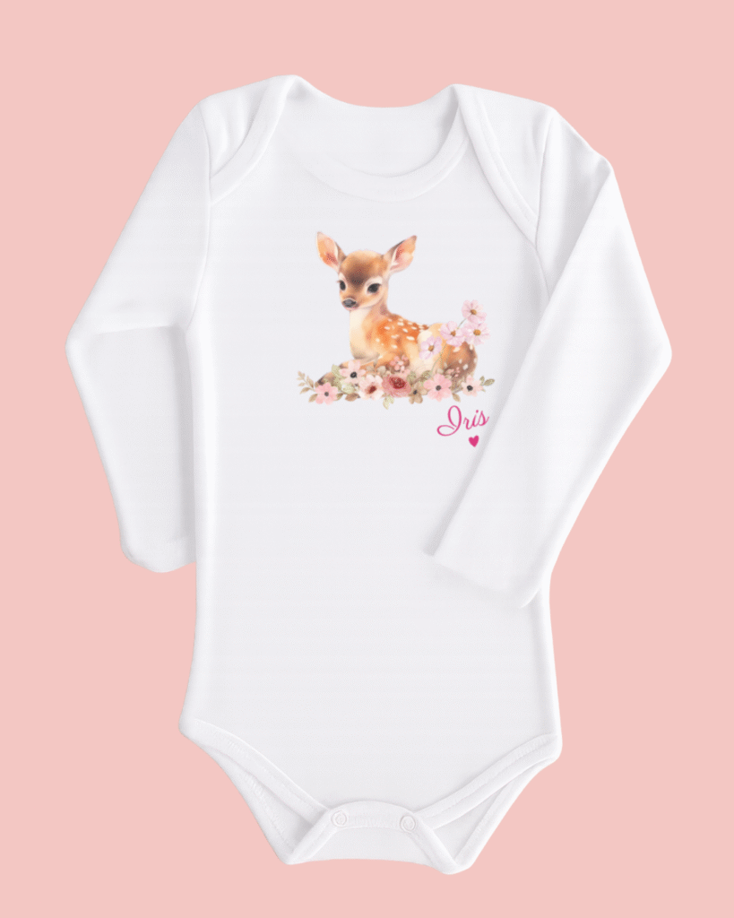 Body bébé blanc manches longues faon dans les fleurs