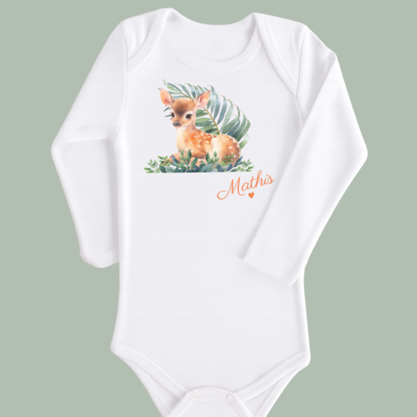 body-faon-vert-long Body bébé blanc manches longues faon dans l'herbe