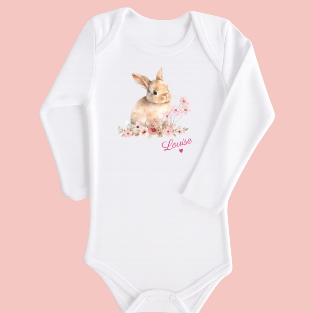 Body bébé blanc manches longues lapin dans les fleurs