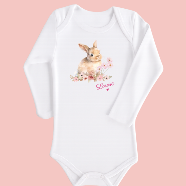 Body bébé blanc manches longues lapin dans les fleurs