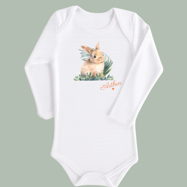 body-lapin-vert-long Body bébé blanc manches longues lapin dans l'herbe