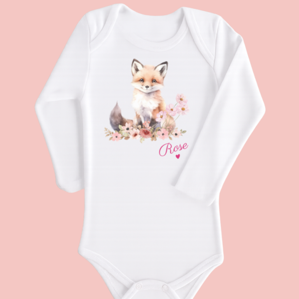 Body bébé blanc manches longues renard dans les fleurs
