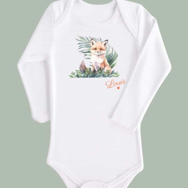 body-renard-vert-long Body bébé blanc manches longues renard dans l'herbe