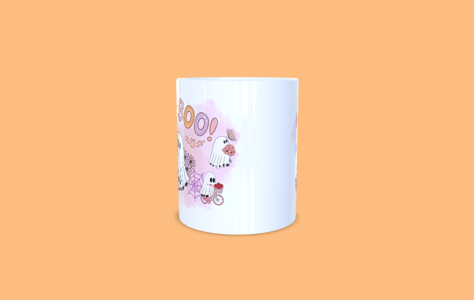 Mug halloween fantomes mignon sous fond rose, fleurs et sigle BOO, centre