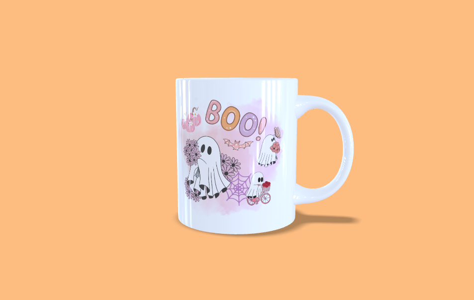 Mug halloween fantomes mignon sous fond rose, fleurs et sigle BOO, anse à droite