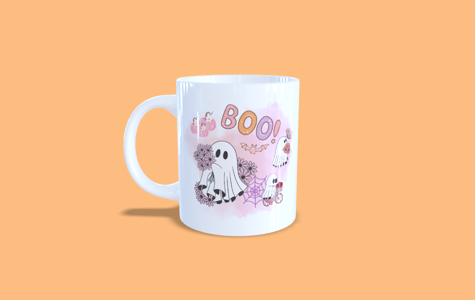 Mug halloween fantomes mignon sous fond rose, fleurs et sigle BOO, anse à gauche