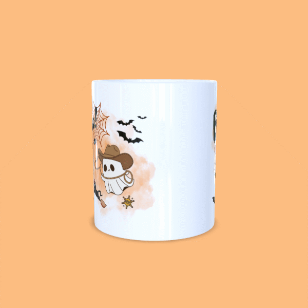 mug-boo-garcon-centre Mug halloween fantômes mignon sous fond orange, chauves souris et sigle BOO, centré.