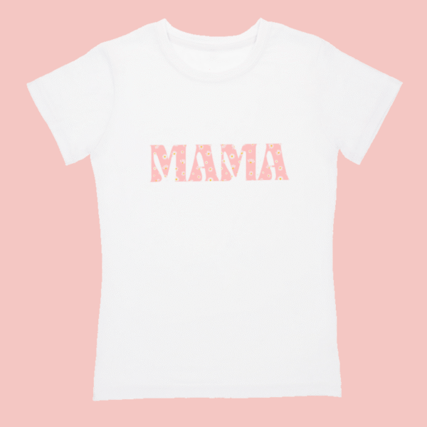 T-shirt femme manches courtes inscription MAMA en lettres modernes rose remplies de fleurs