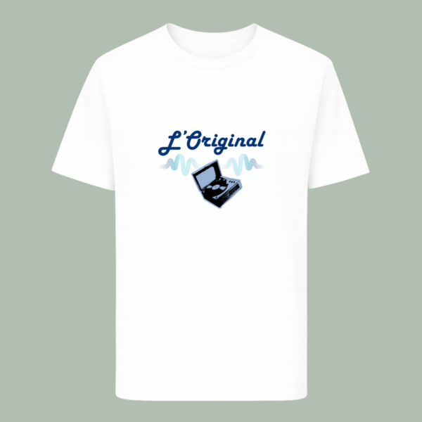 T-shirt blanc manches courtes inscription l'original et tourne disque bleu.