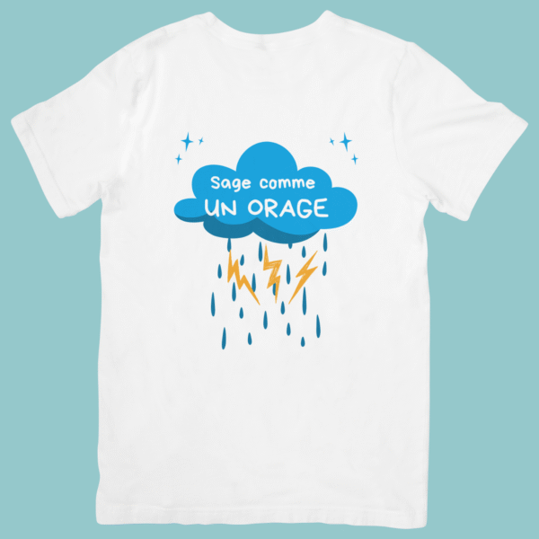T-shirt enfant blanc "sage comme un orage" avec nuage bleu éclair et pluie