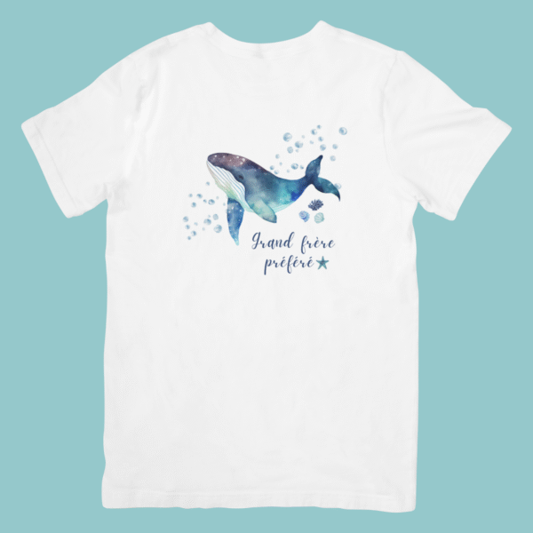 T-shirt blanc manches courtes Baleine et inscription Grand frère préféré