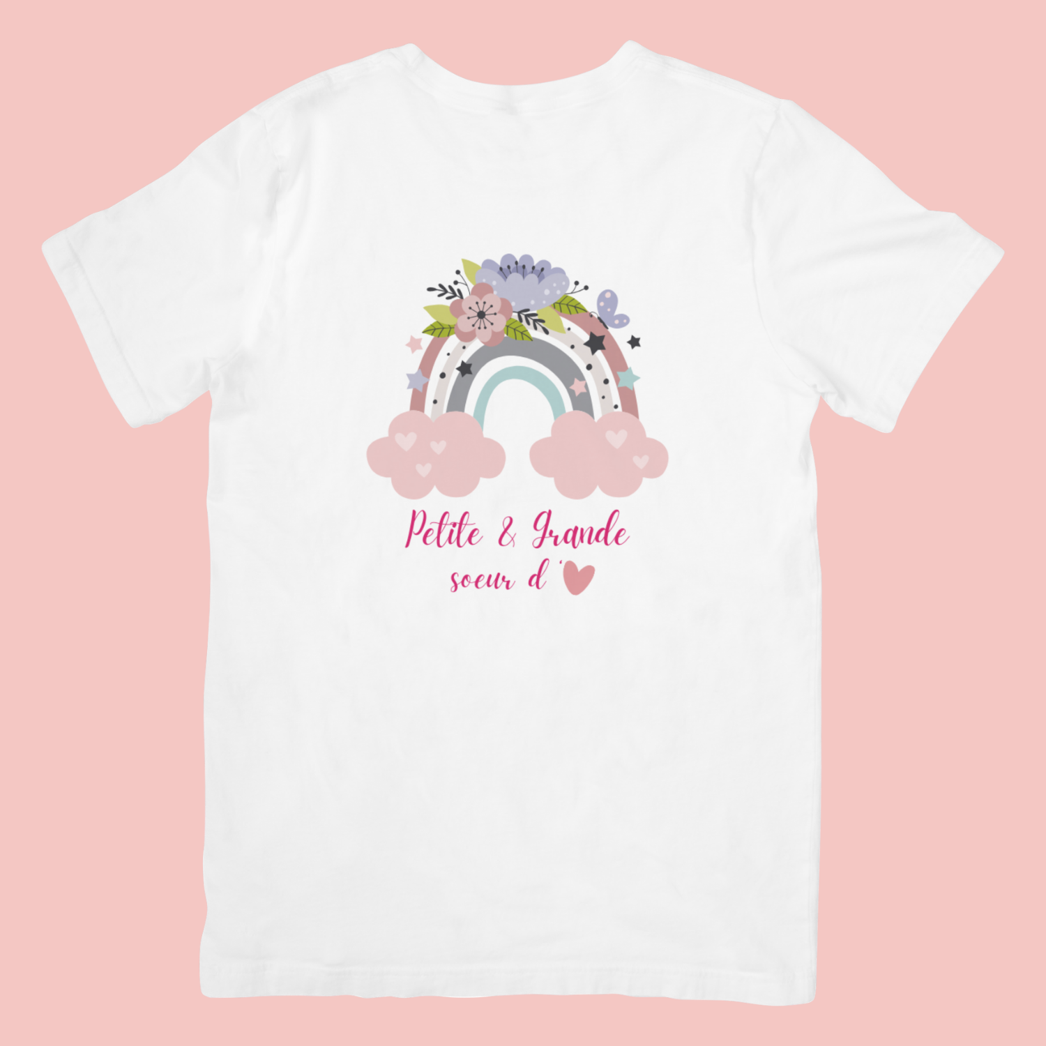 tshirt-petite-grande-soeur-amour-enfant T-shirt manches courtes arc en ciel et inscription petite et grande sœur d'amour