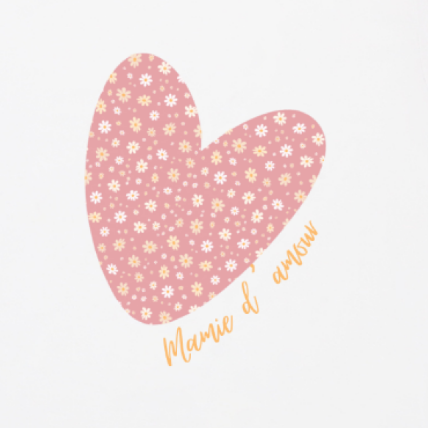 Coeur rose fleuri et inscription "mamie d'amour" sur t-shirt.
