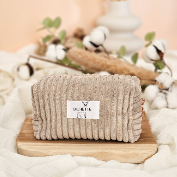 Trousse velours côtelé greige, étiquette "Bichette".