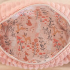 Trousse velours côtelé minky vieux rose marque Bloom créations, intérieur coton rose pale et animaux de la forêt.