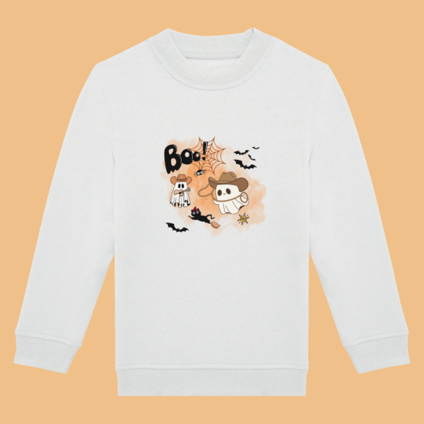 Sweat blanc enfant illustration "Boo!" noir, fantômes, chat, chauve souris et fond orange.