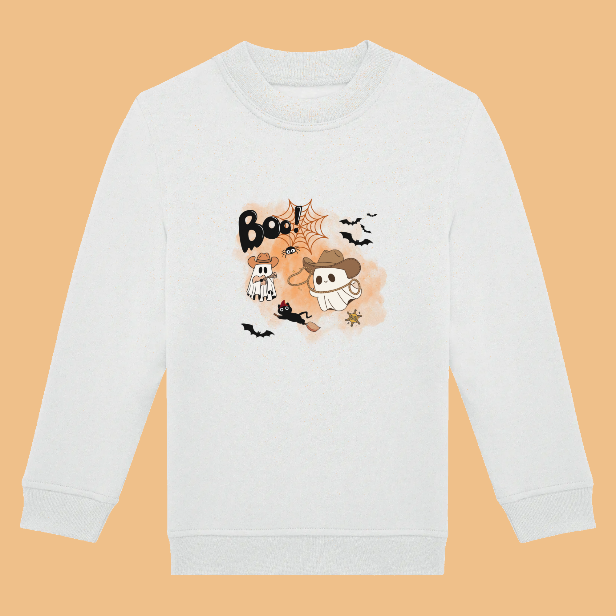 Sweat blanc enfant illustration "Boo!" noir, fantômes, chat, chauve souris et fond orange.