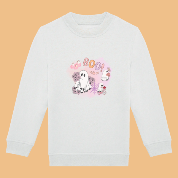 Sweat blanc enfant illustration "Boo!" rose, fantômes, fleurs, citrouilles.