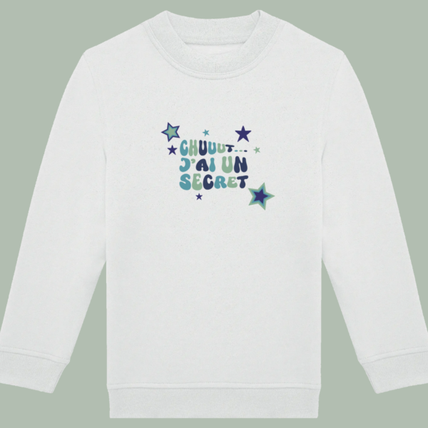 Sweat blanc enfant devant illustration "chuuut j'ai un secret" dégradé de bleus.