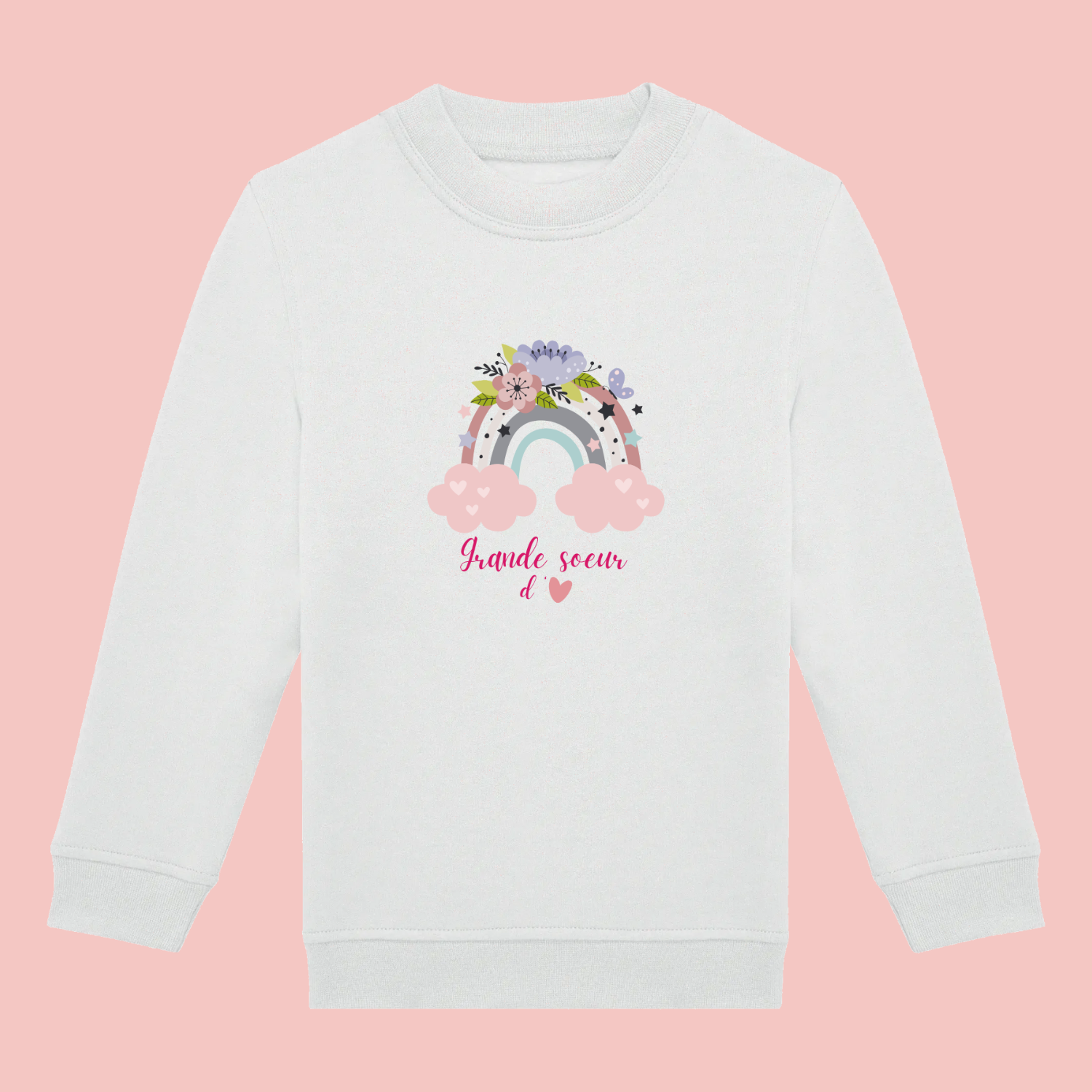 Sweat blanc enfant illustration "grande sœur d'amour" arc en ciel.