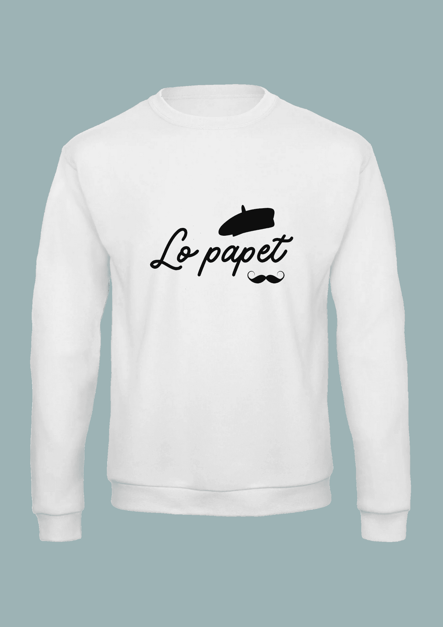 Sweat blanc homme illustration noire "lo papet" avec moustache et béret.