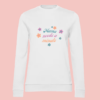 sweat-blanc-mama-needs-minute Sweat femme blanc illustration "mama needs a minute" avec fleurs.