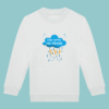 sweat-blanc-orage-bleu Sweat blanc enfant illustration "sage comme un orage" nuage bleu, éclairs jaunes et gouttes de pluie bleu.