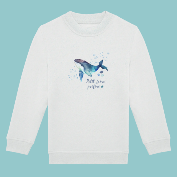 Sweat blanc enfant illustration "petit frère préféré" baleine bleue et étoiles de mer