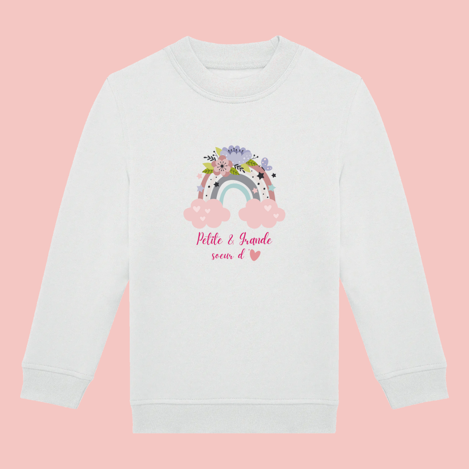 sweat-blanc-petite-grande-soeur Sweat blanc enfant illustration "petite & grande sœur d'amour" arc en ciel.