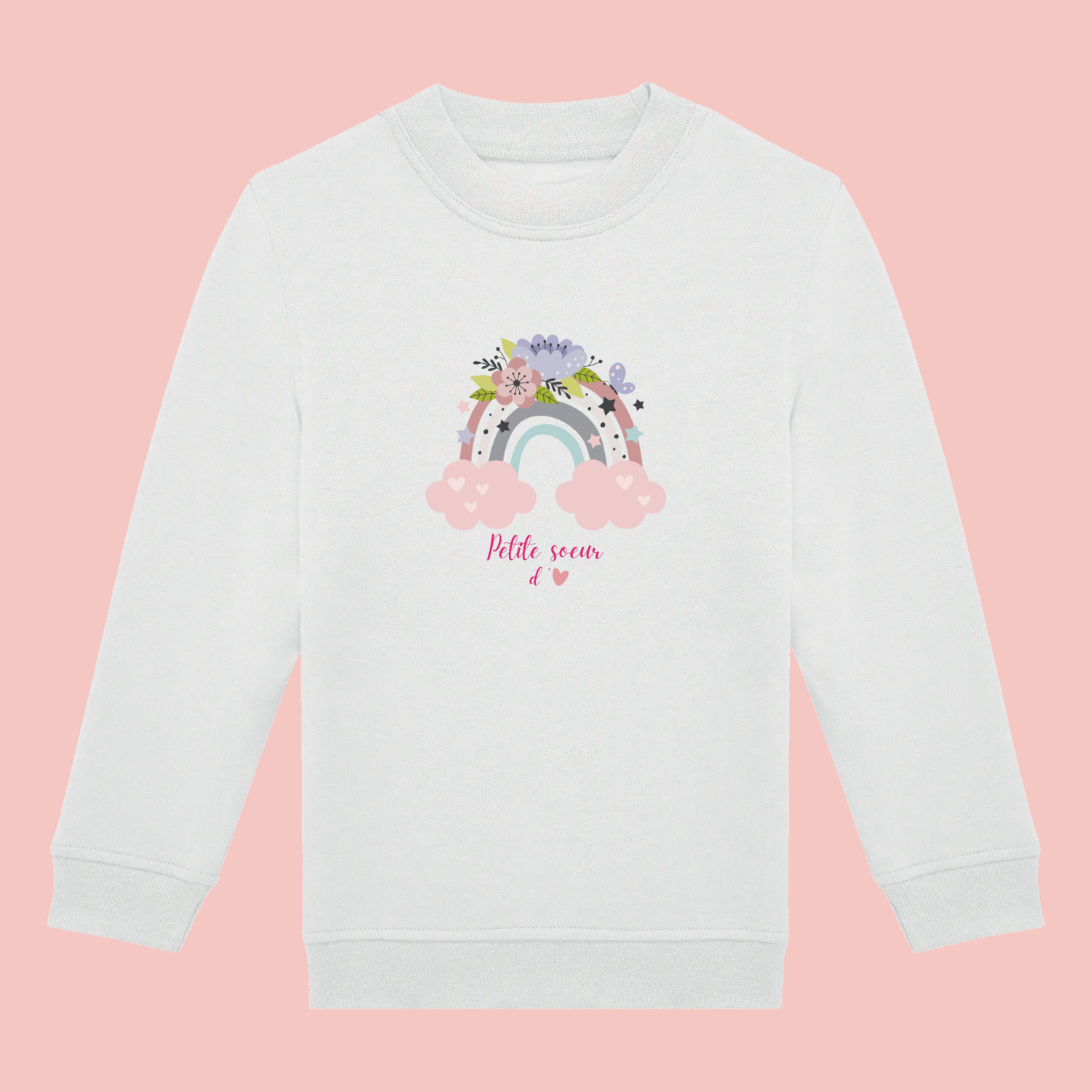 sweat-blanc-petite-soeur Sweat blanc enfant illustration "petite soeur d'amour" arc en ciel.