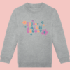 sweat-gris-chuuut-secret-fille Sweat gris enfant devant illustration "chuuut j'ai un secret" rose, orange et bleu + fleurs.