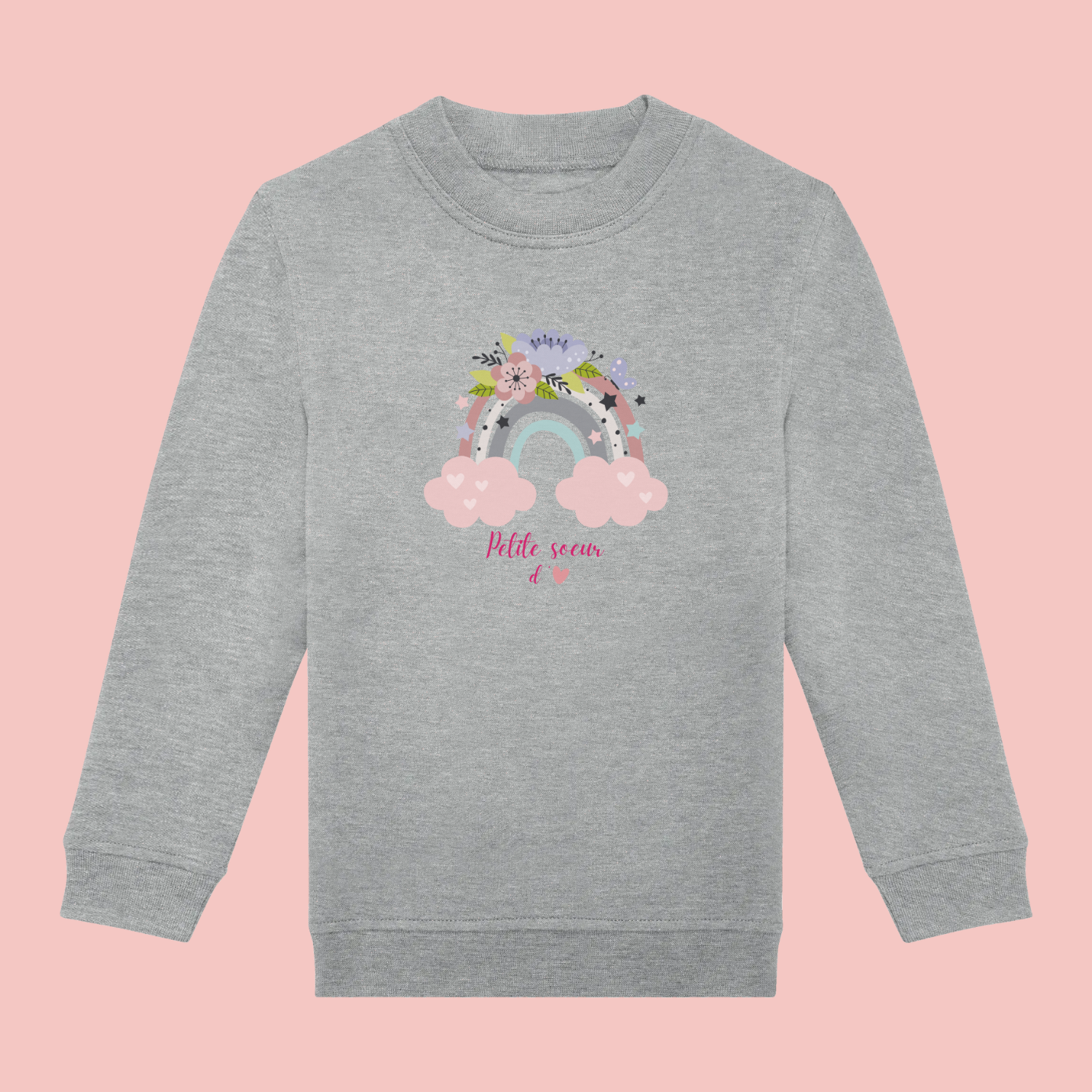 sweat-gris-petite-soeur Sweat gris enfant illustration " petite soeur d'amour" arc en ciel.