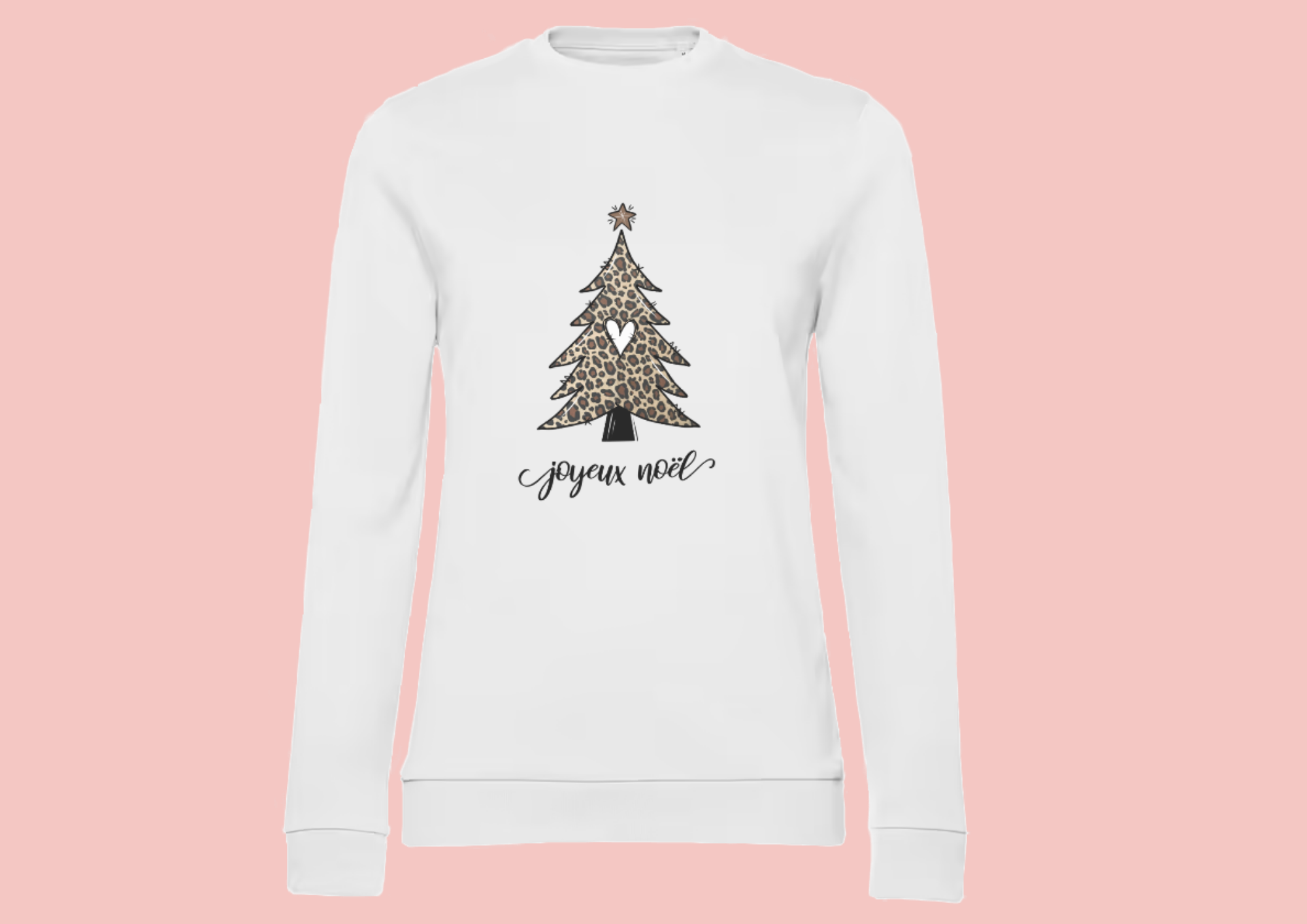 Sweat femme blanc illustration "joyeux noël" et sapin léopard.