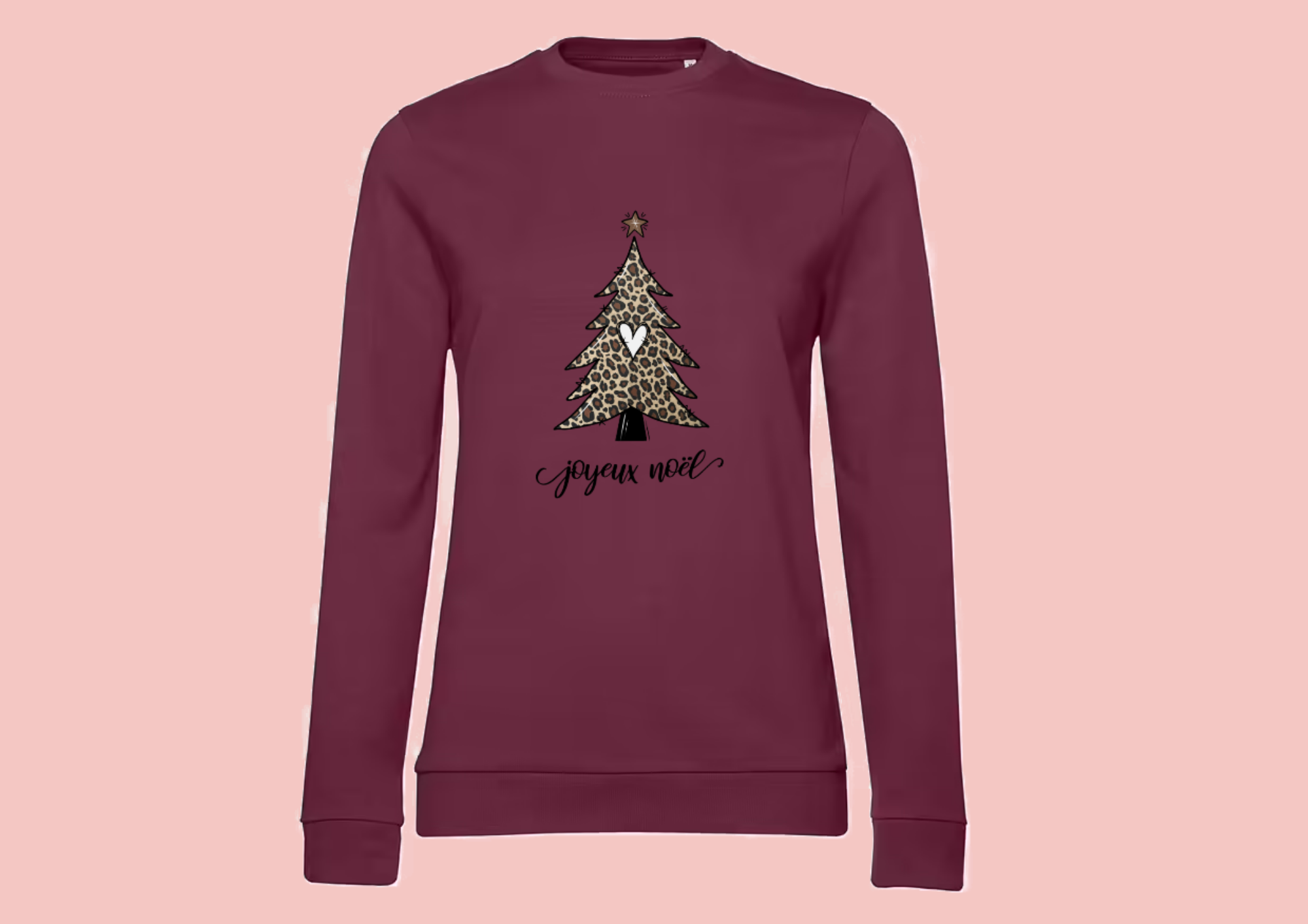 Sweat femme aubergine illustration "joyeux noël" et sapin léopard.