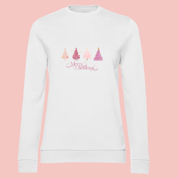 Sweat femme blanc illustration "merry christmas" et sapins roses.