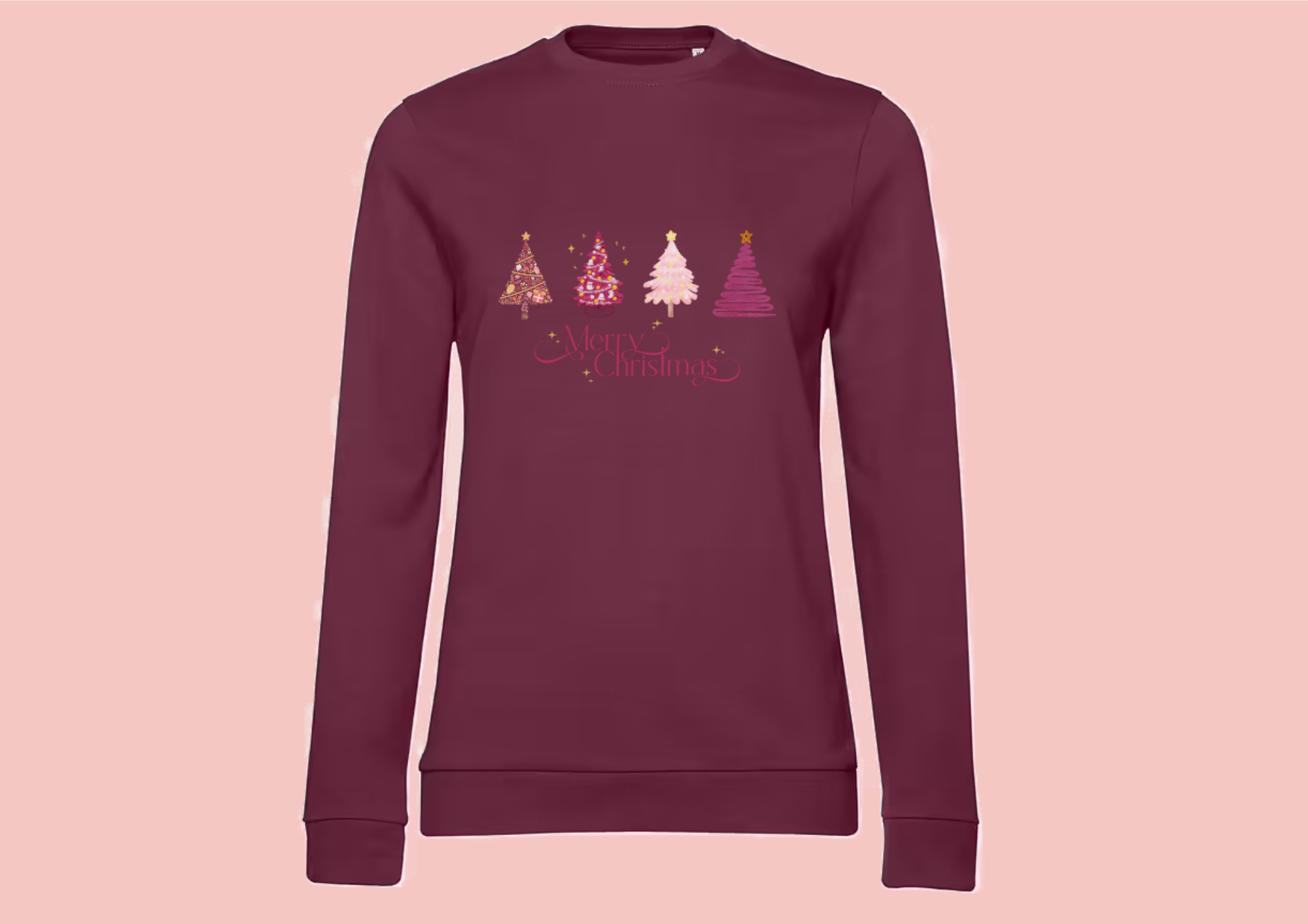 sweat-joyeux-noel-sapin-bordeaux Sweat femme aubergine illustration "merry christmas" et sapins roses.