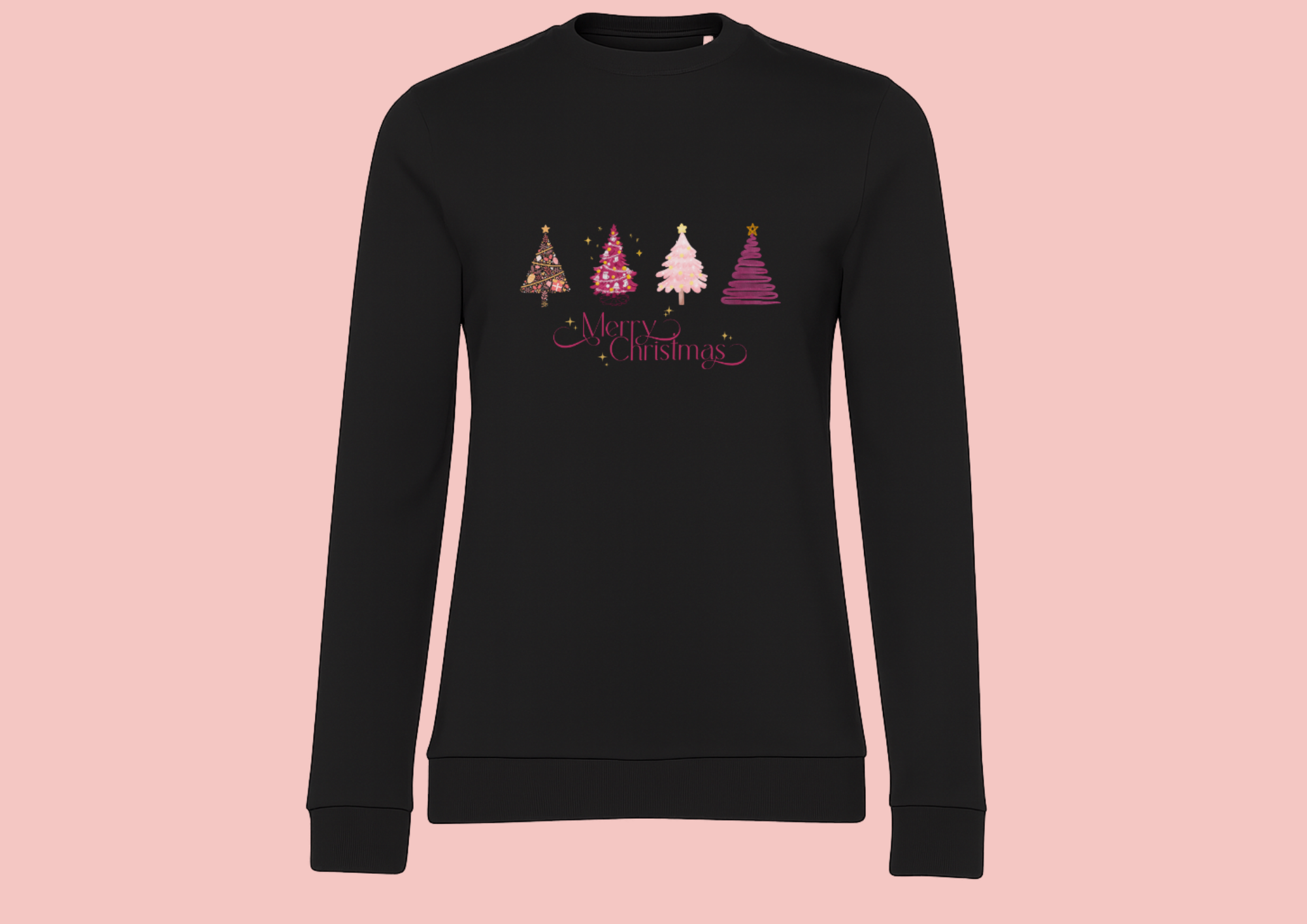 sweat-joyeux-noel-sapin-noir Sweat femme noir illustration "merry christmas" et sapins roses.