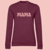 sweat-mama-bordeaux Sweat femme aubergine illustration "mama" rose avec pâquerettes.
