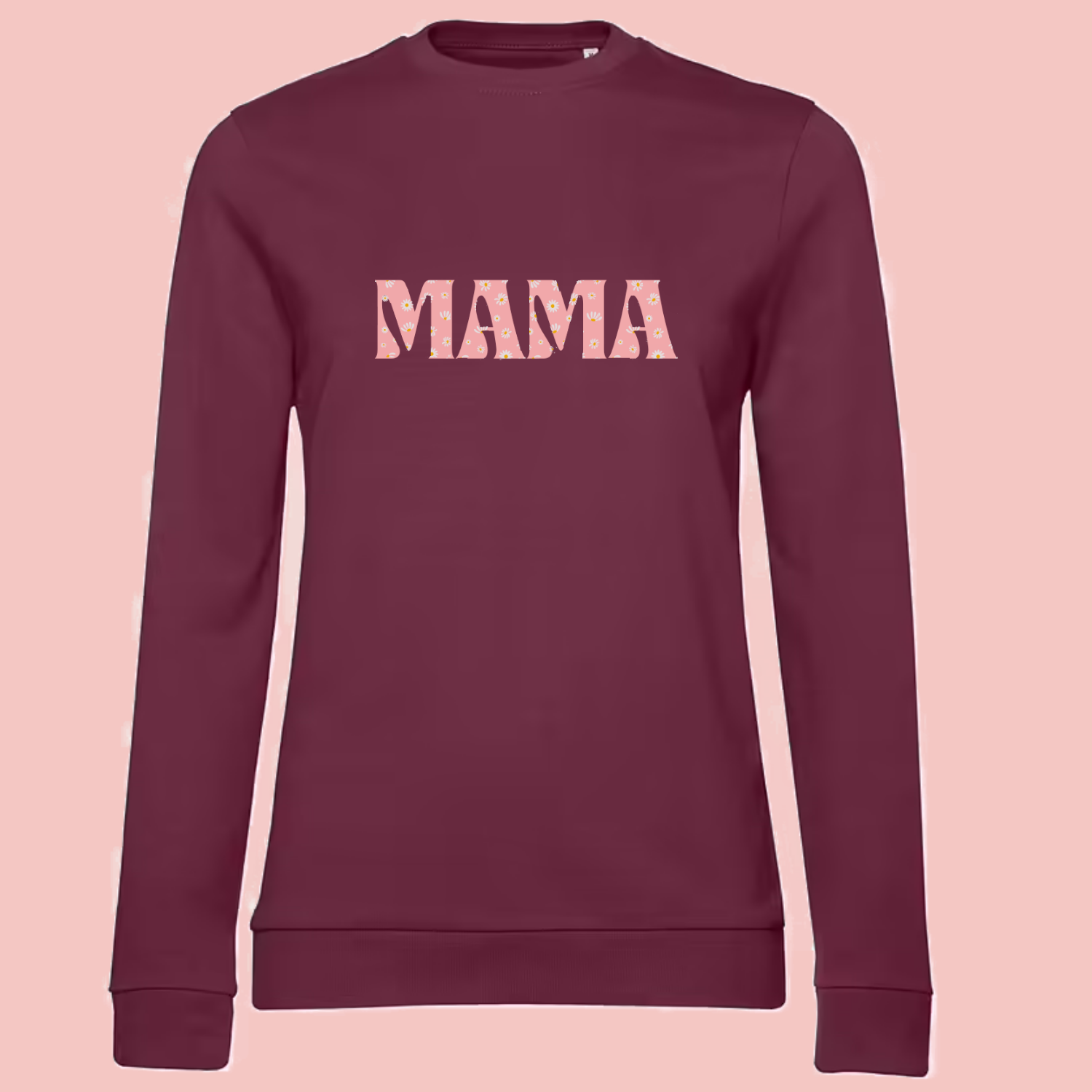 Sweat femme aubergine illustration "mama" rose avec pâquerettes.