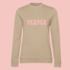 sweat-mama-sable Sweat femme beige illustration "mama" rose avec pâquerettes.