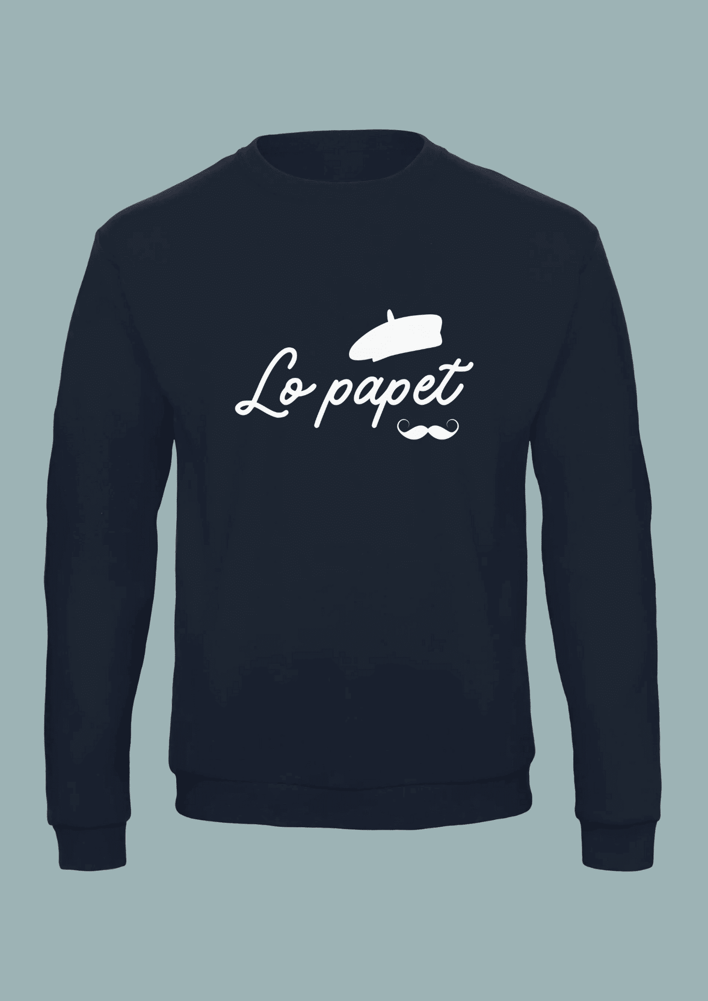 Sweat bleu marine homme illustration blanche "lo papet" avec moustache et béret.